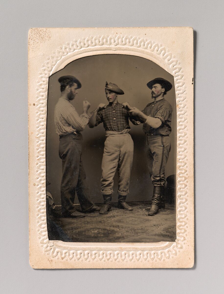 [Two Men in Boxing Stance, a Third Man Adjusting One Man's Form], J. C. Batchelder (American), Tintype with applied color 