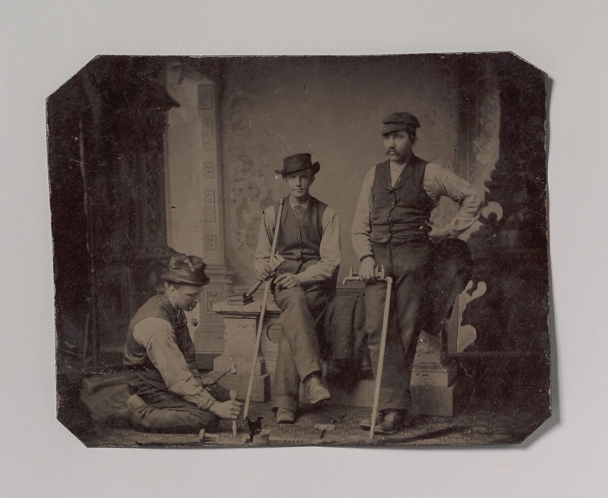 [Three Plumbers with Pipes and Tools], Unknown (American), Tintype 