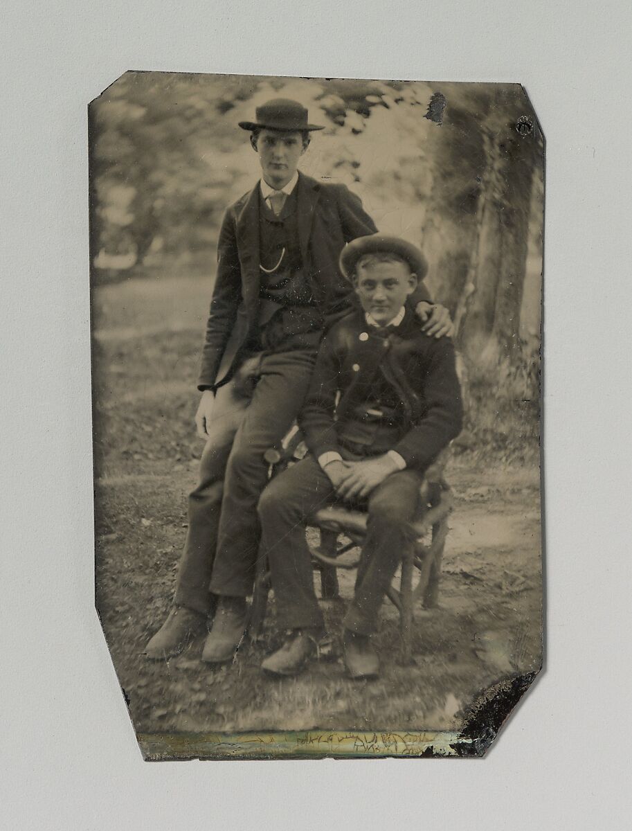 [Two Young Men Outdoors, One Seated, the Other on the Arm of the Chair], Unknown (American), Tintype 