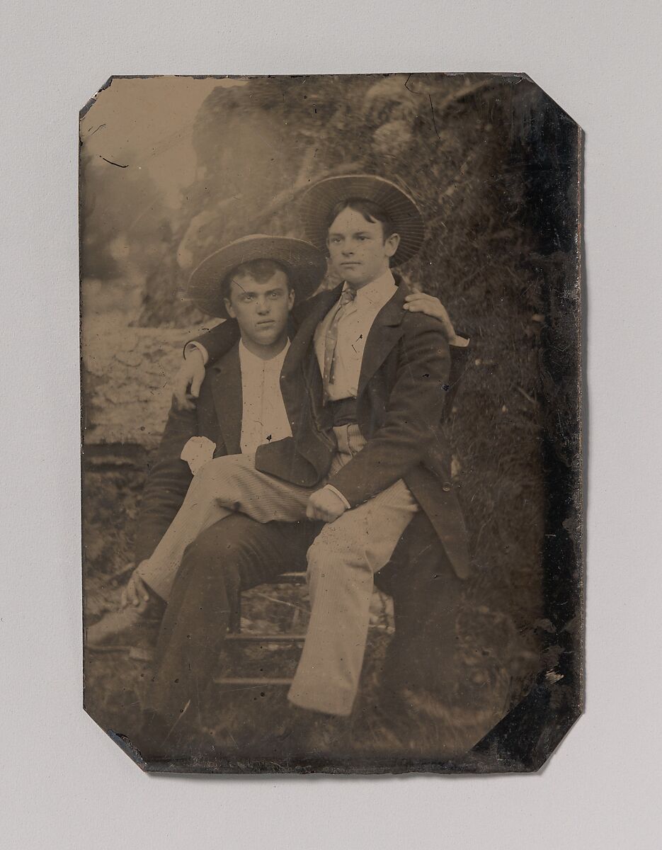 [Two Young Men in Straw Hats, One Seated in the Other's Lap], Unknown (American), Tintype 