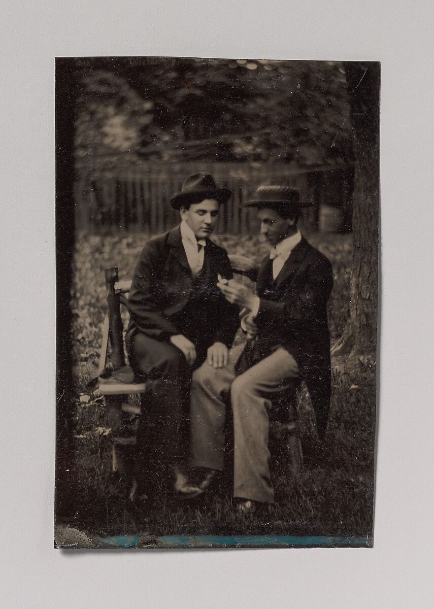 [Two Men Seated on a Bench, One with His Hand on the Leg of the Other], Unknown (American), Tintype 