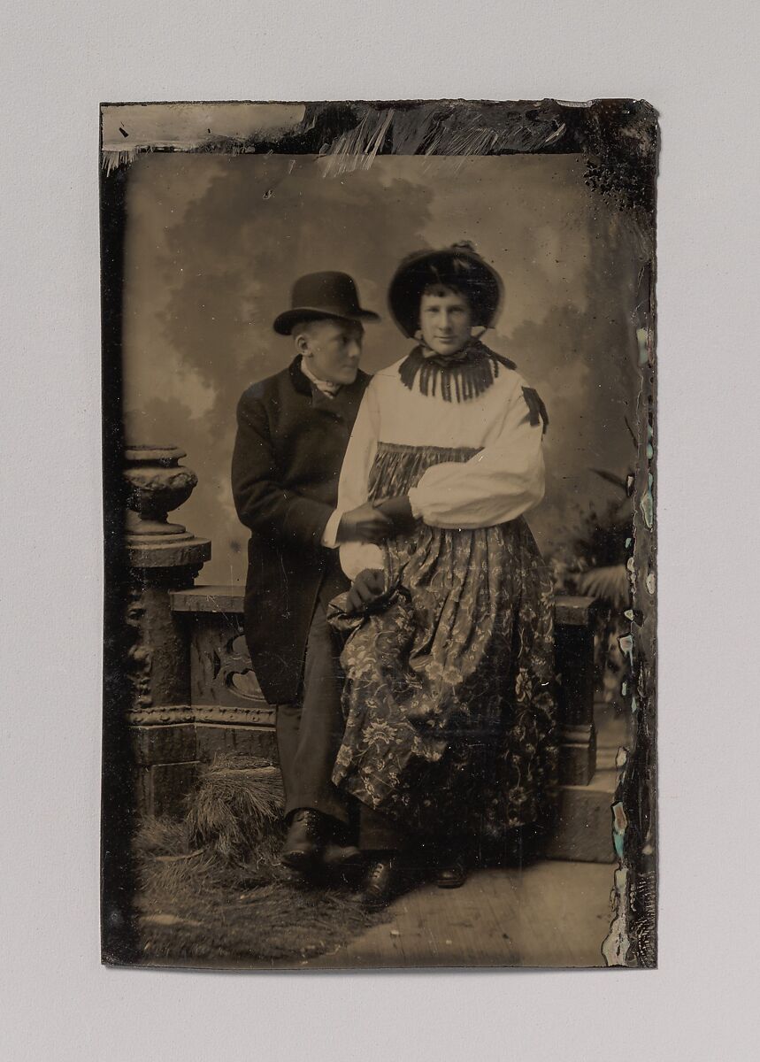 [Two Men, One Dressed in Women's Attire, Holding Hands], Unknown (American), Tintype 