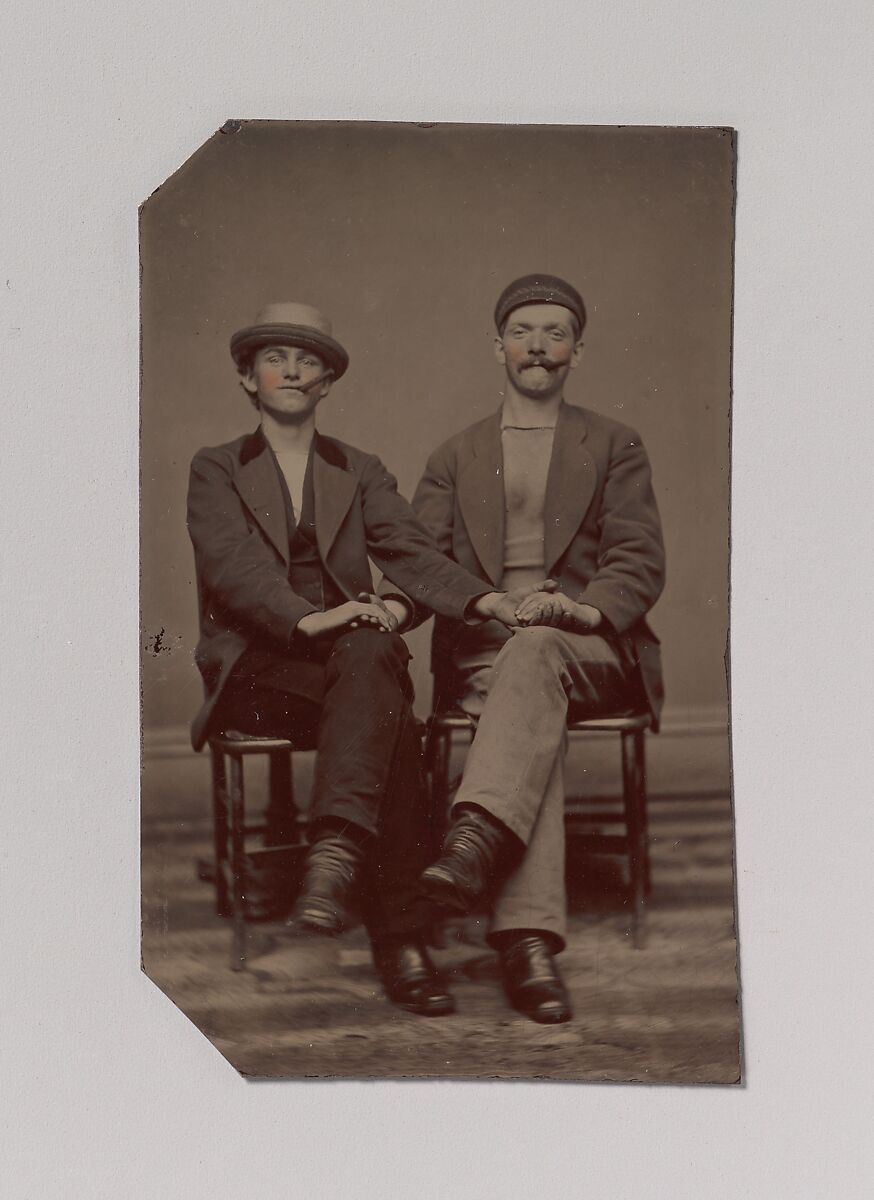 [Two Seated Young Men Holding Hands], Unknown (American), Tintype with applied color 