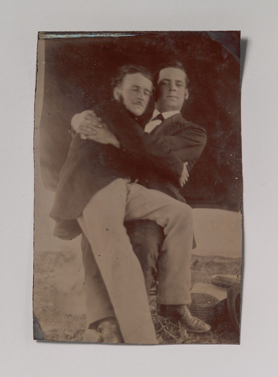 [Two Men Embracing, One Seated in the Other's Lap], Unknown (American), Tintype with applied color 