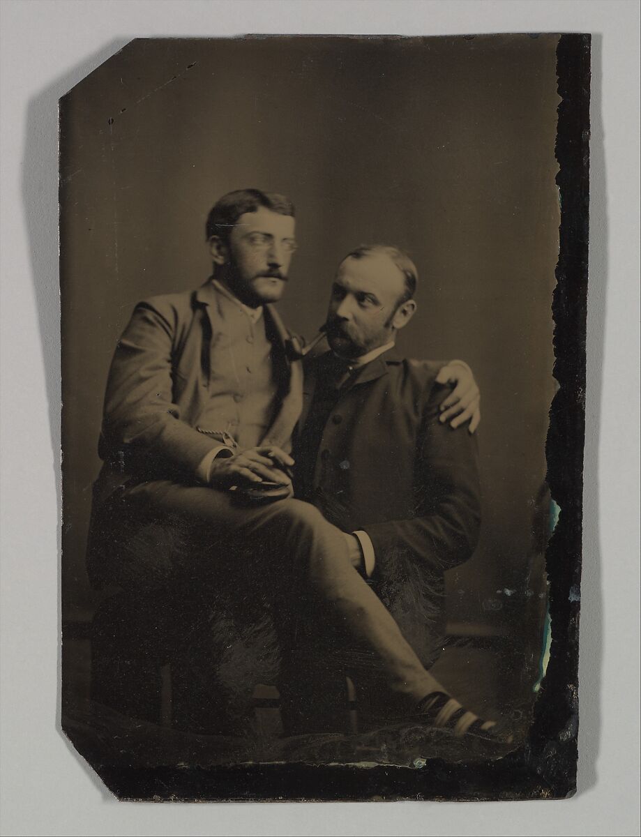 [Two Men Smoking, One Seated in the Other's Lap], Unknown (American), Tintype 