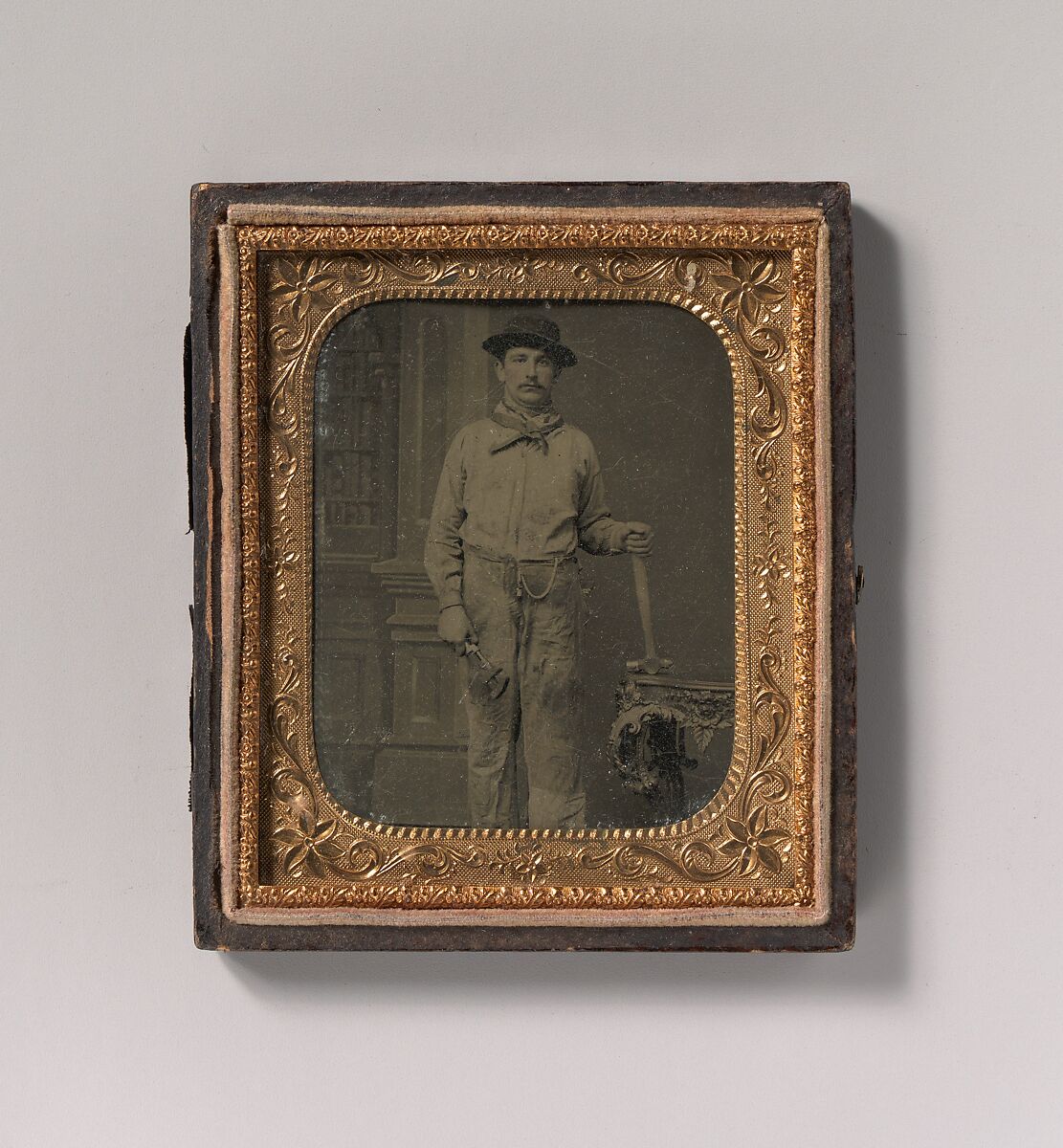 [Workman Holding a Wrench and Hammer], Unknown (American), Tintype with applied color 