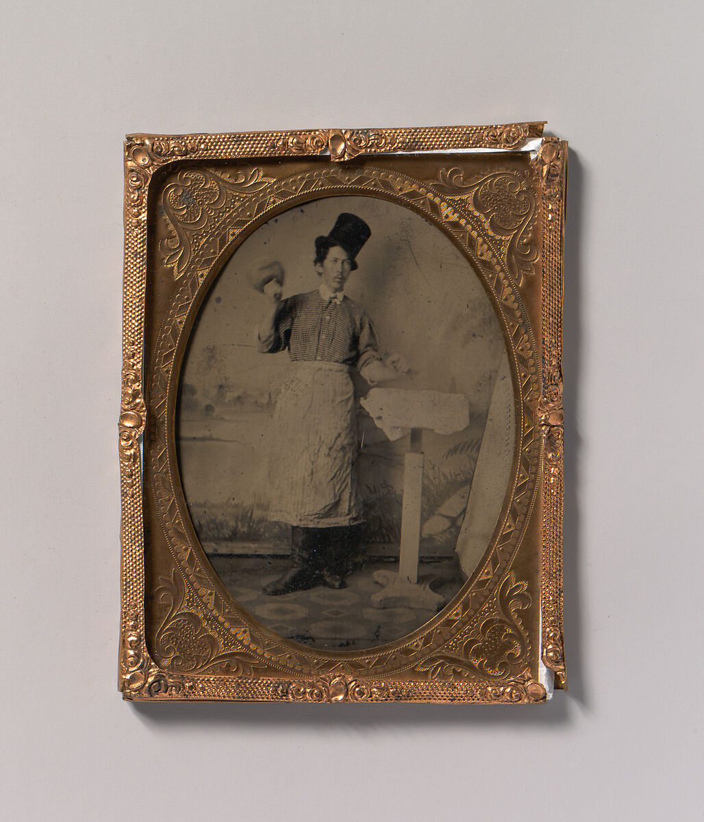 [Stone Mason in Top Hat and Apron with Mallet and Chisel], Unknown, Tintype 