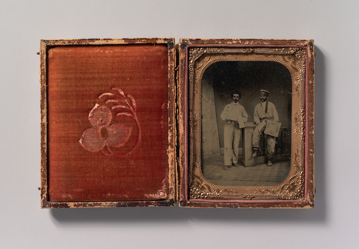 [Two Plasterers Leaning on a Railing], Unknown, Tintype with applied color 