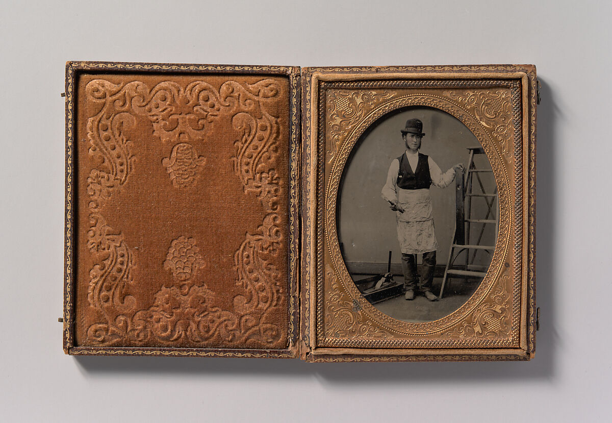 [Carpenter with Ladder, Hammer, Level, and Toolbox], Unknown (American), Tintype with applied color 