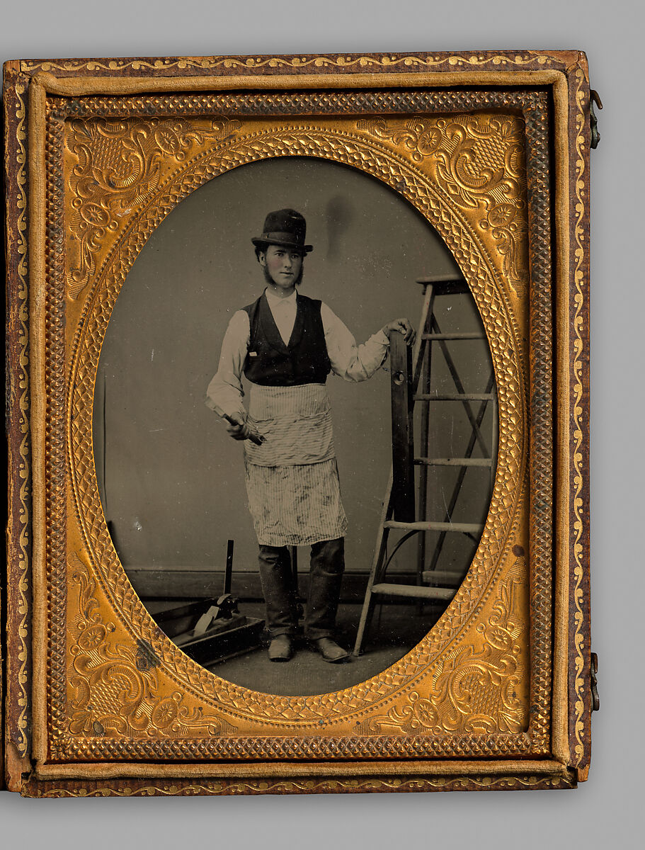 [Carpenter with Ladder, Hammer, Level, and Toolbox], Unknown (American), Tintype with applied color