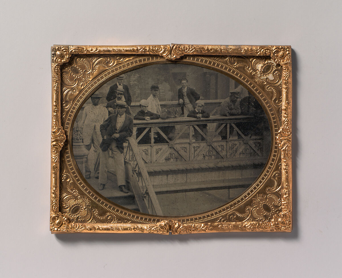 [Group of Men and Boys Standing Along the Railing of the Fulton Street Bridge], Unknown (American), Tintype 