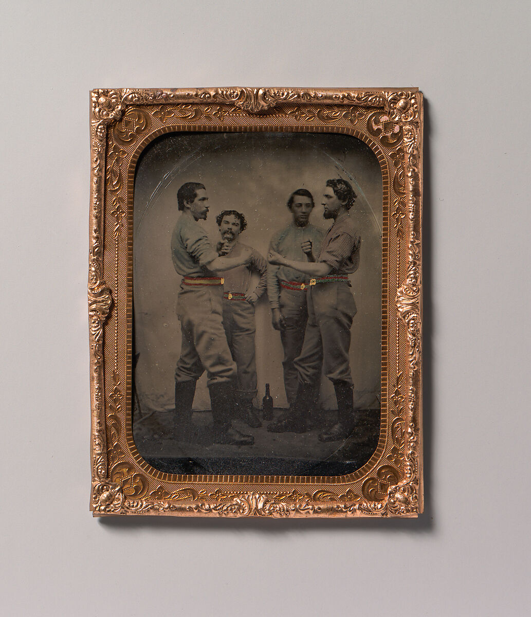 [Four Pugilists with a Bottle at Their Feet], Unknown (American), Tintype with applied color 