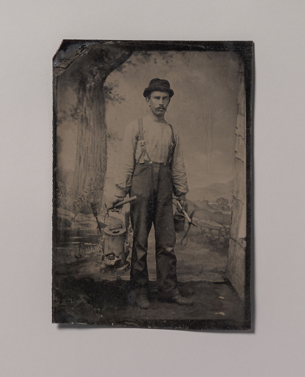 [Tinsmith in Front of Painted Outdoor Backdrop], Unknown (American), Tintype 