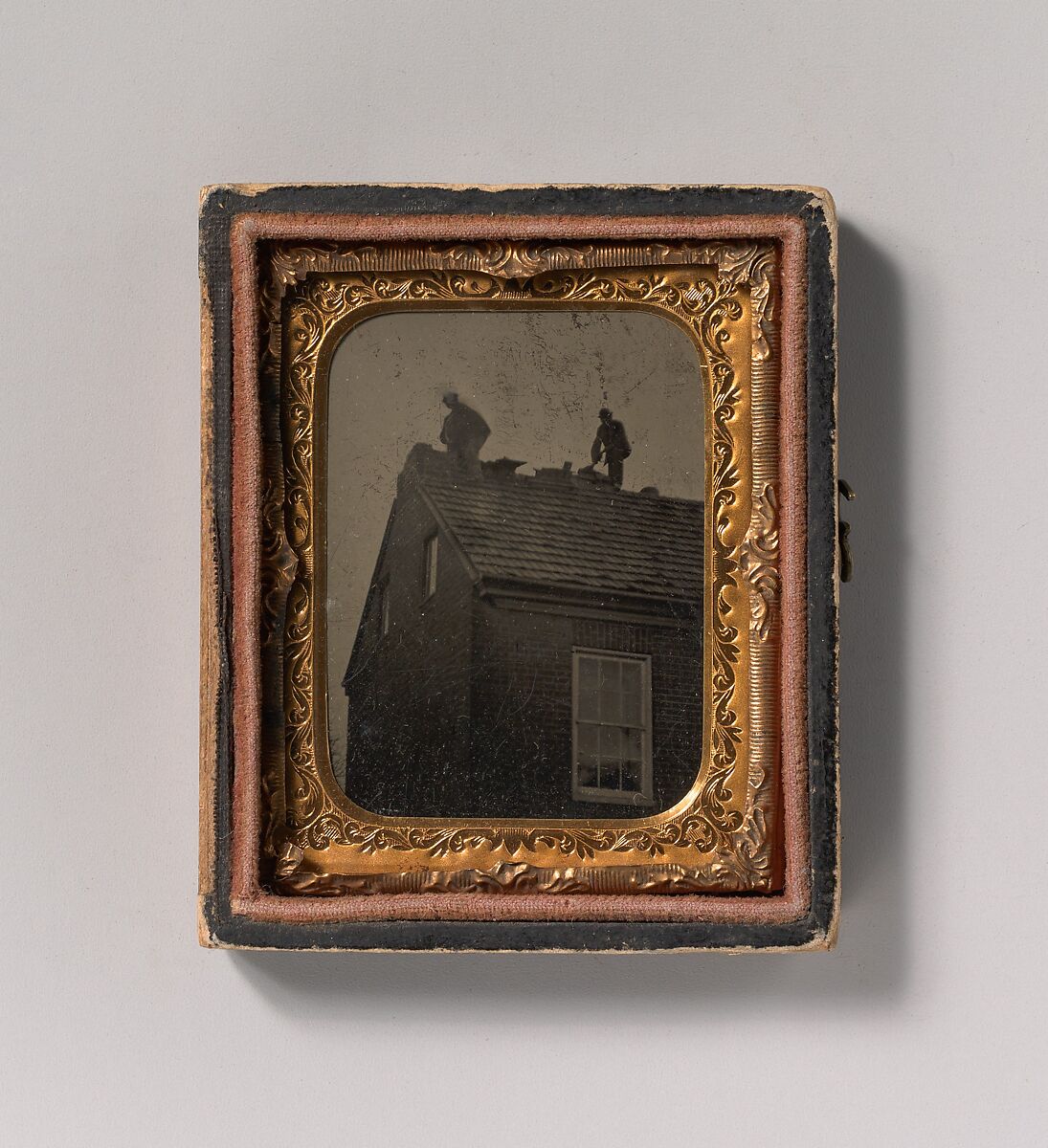 [Two Roofers Working Atop a Building], Unknown (American), Tintype 