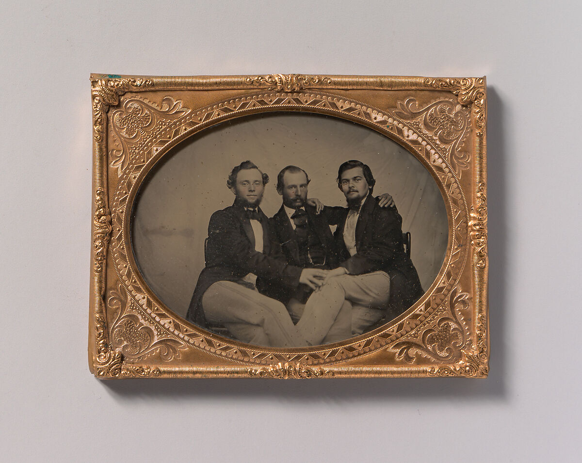 [Three Seated Men with Arms Around Each Other], Unknown (American), Ambrotype 
