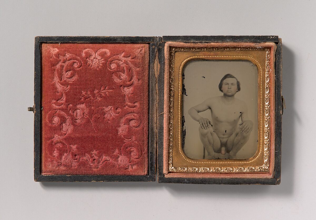 [Nude Man Squatting on Chair], Unknown (American), Ambrotype with applied color 