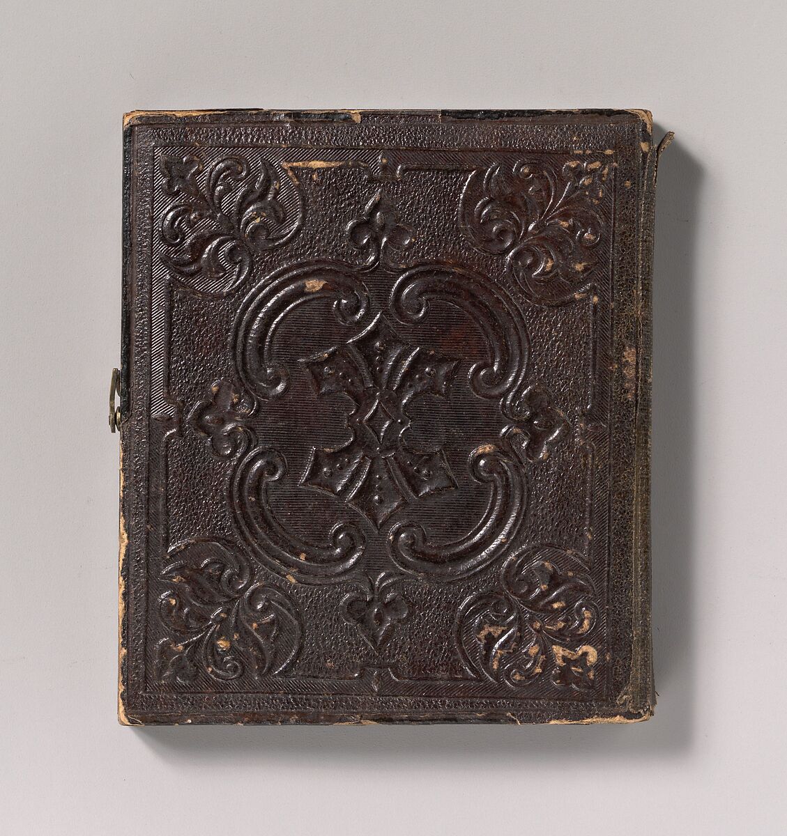 [Three Carpenters, Standing, Holding a Ruler, Hammer, and Sheet of Paper], Unknown (American), Ambrotype with applied color