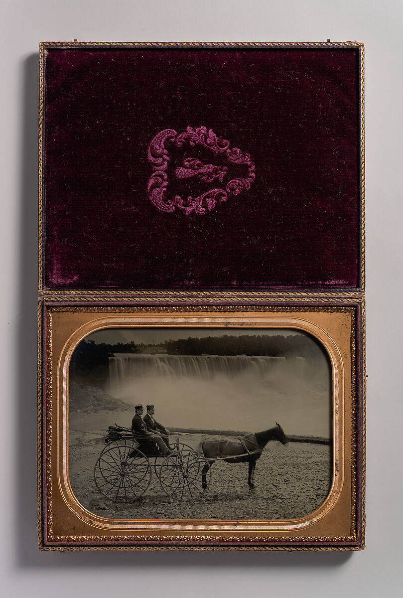 [Two Men Seated in a Horse-Drawn Carriage in Front of Niagara Falls], Unknown (American), Ambrotype 