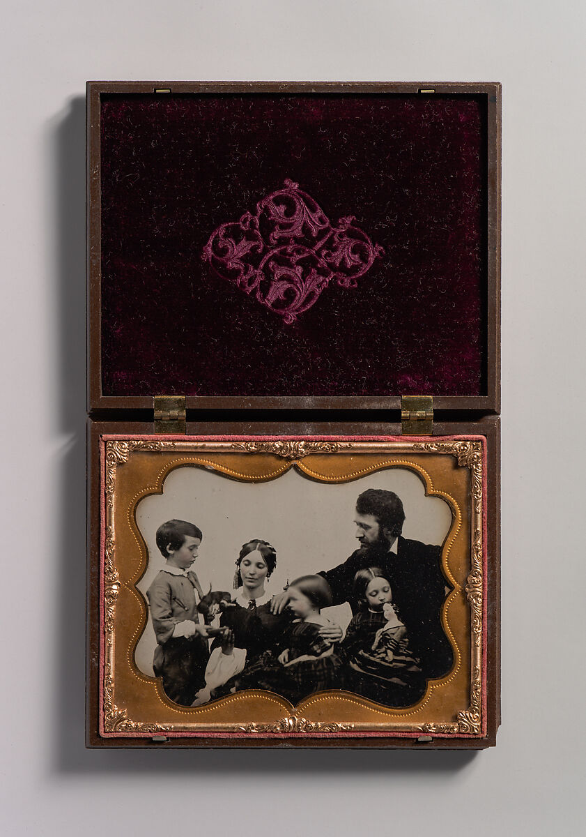 [Informal Studio Portrait of Young Family with Three Children], Unknown (American), Ambrotype with applied color 