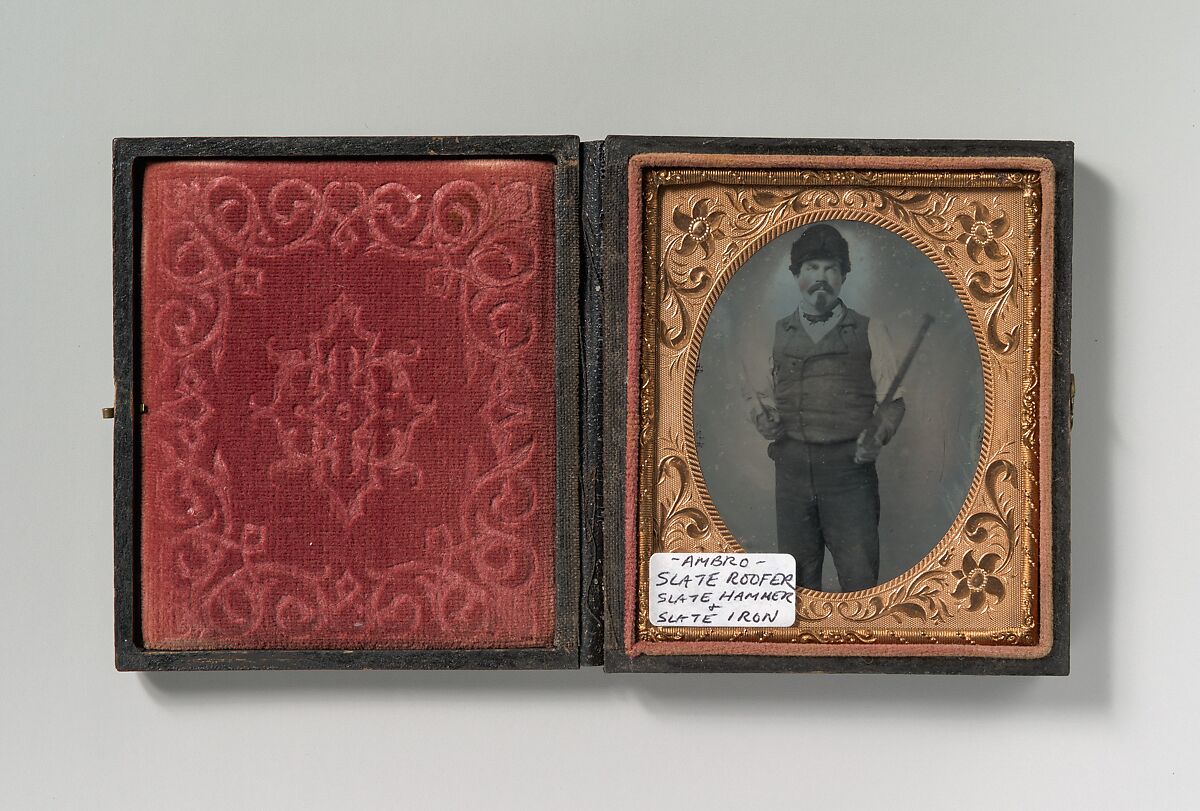 [Slate Roofer Holding Slate Hammer and Iron Bar], Unknown (American), Ambrotype 