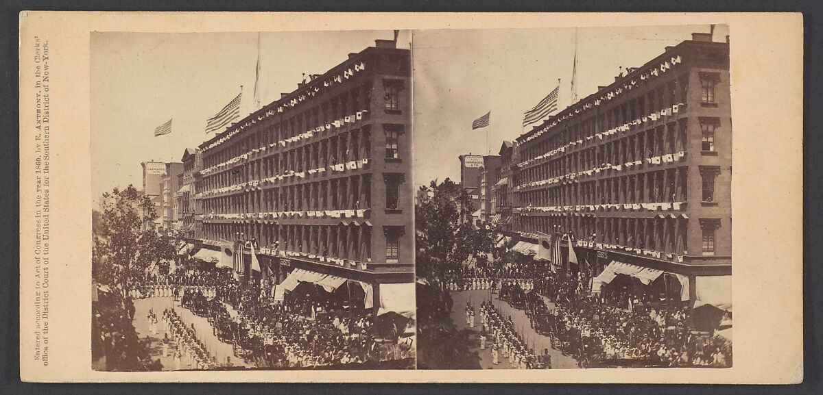 The Embassy Leave the Metropolitan for the City Hall, the Seventh Regiment Form a Hollow Square With the Carriages of the Embassy in the Middle, Edward Anthony (American, 1818–1888), Albumen silver print from glass negative 