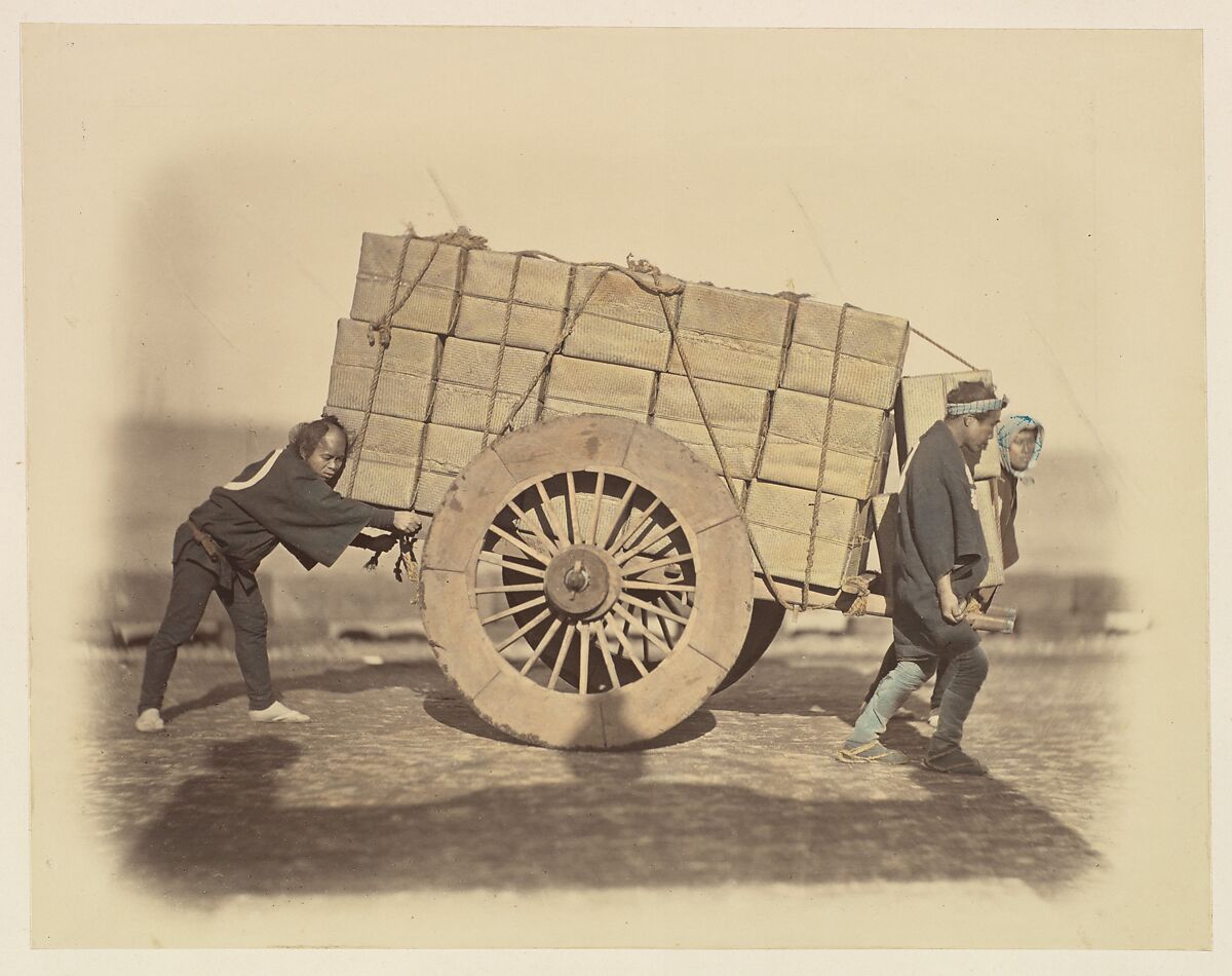 "Shariki," or Cart-Pushing Coolies, Felice Beato (British (born Italy), Venice 1832–1909 Luxor), Albumen silver print from glass negative with applied color 