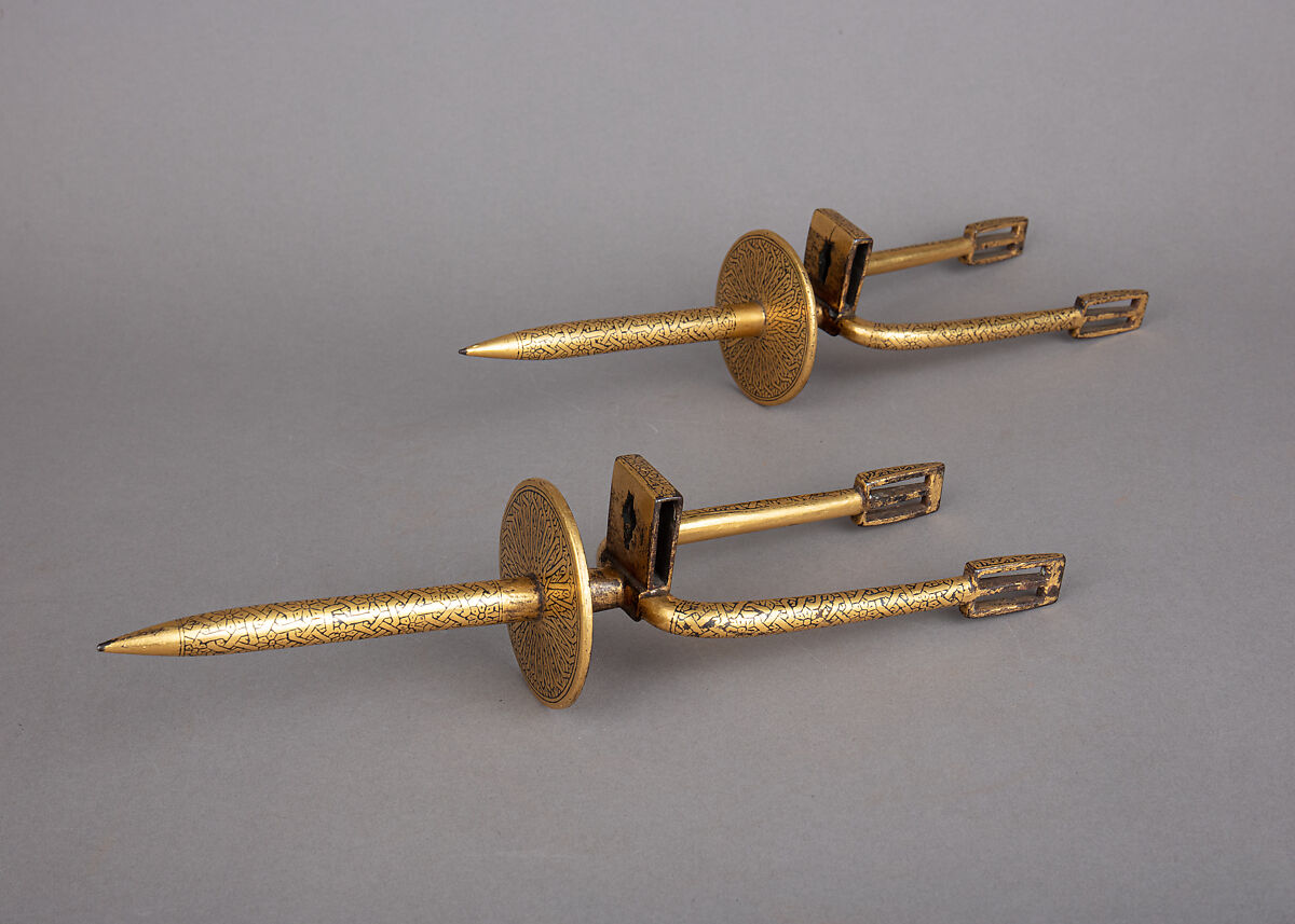 Pair of Prick Spurs, Iron alloy, gold, Moroccan 
