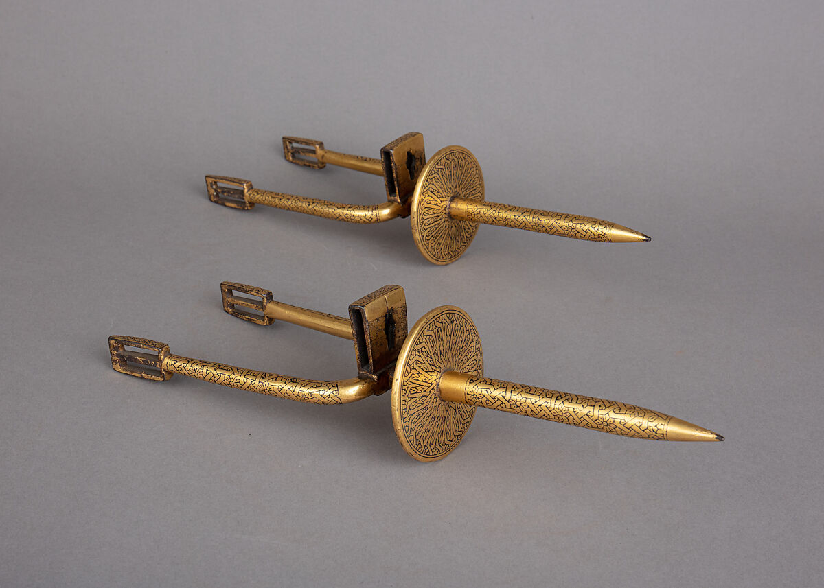 Pair of Prick Spurs, Iron alloy, gold, Moroccan