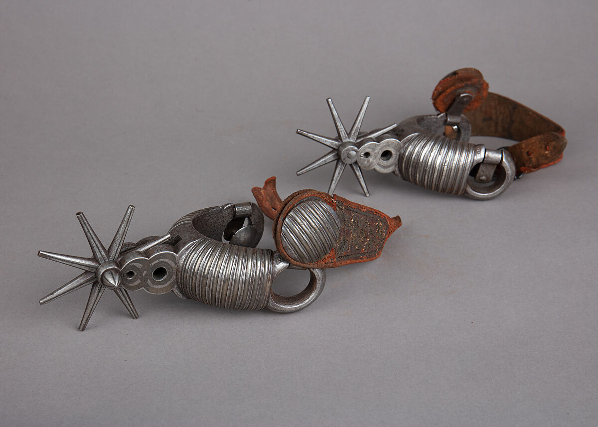 Pair of Rowel Spurs, Iron alloy, silver, leather, Mexican, possibly Chihuahua 