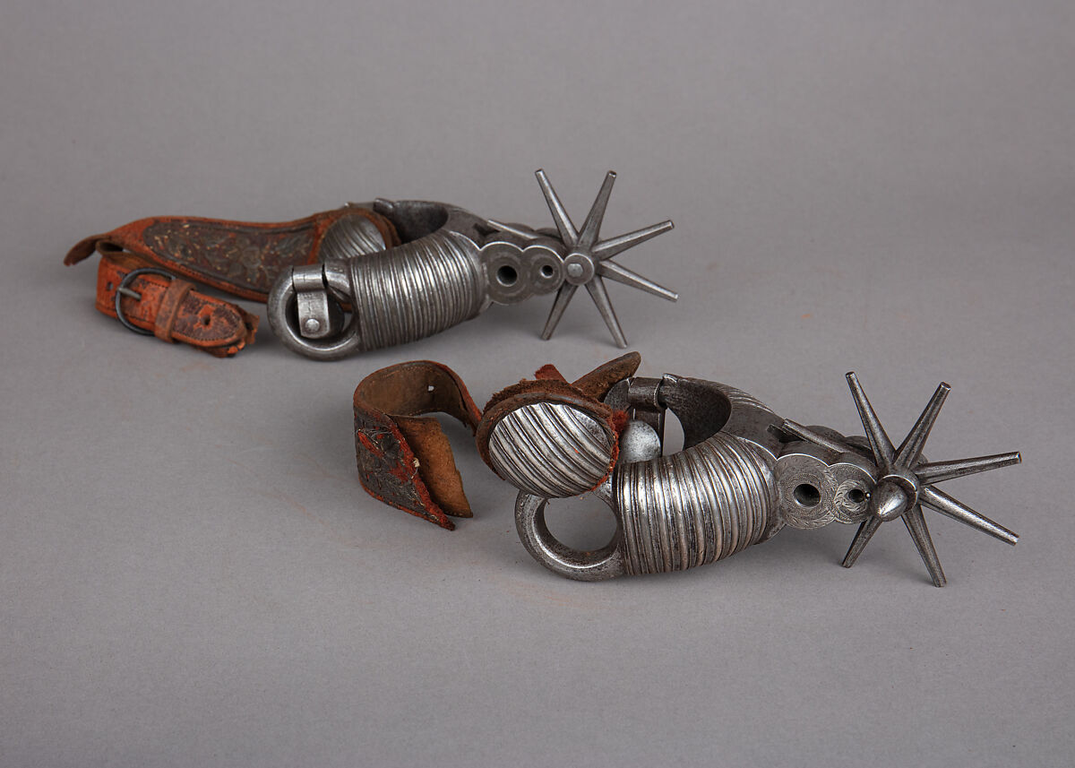 Pair of Rowel Spurs, Iron alloy, silver, leather, Mexican, possibly Chihuahua