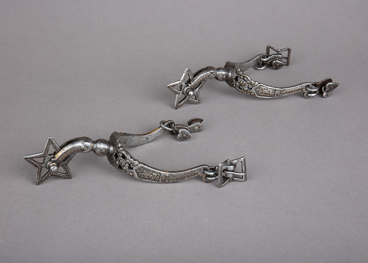 Pair of Rowel Spurs, Iron alloy, silver, gold, German 