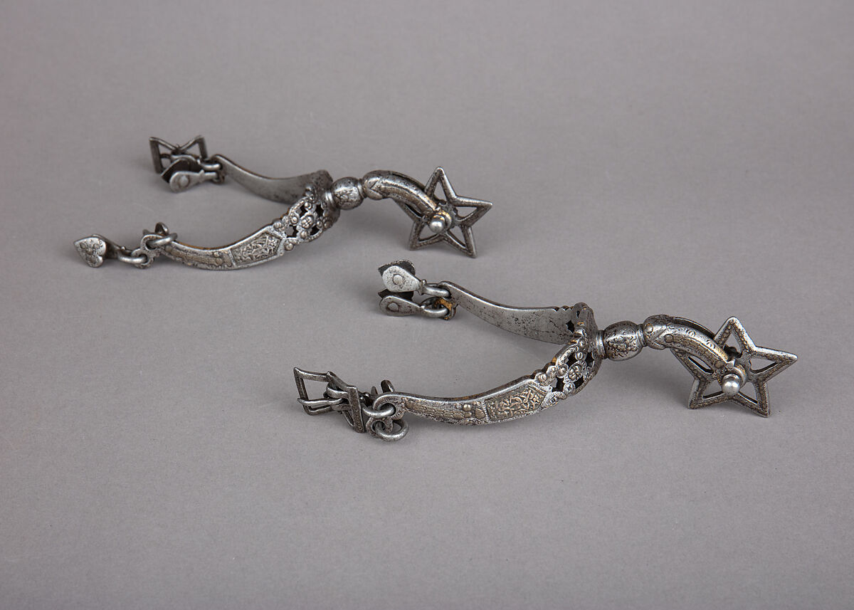 Pair of Rowel Spurs, Iron alloy, silver, gold, German