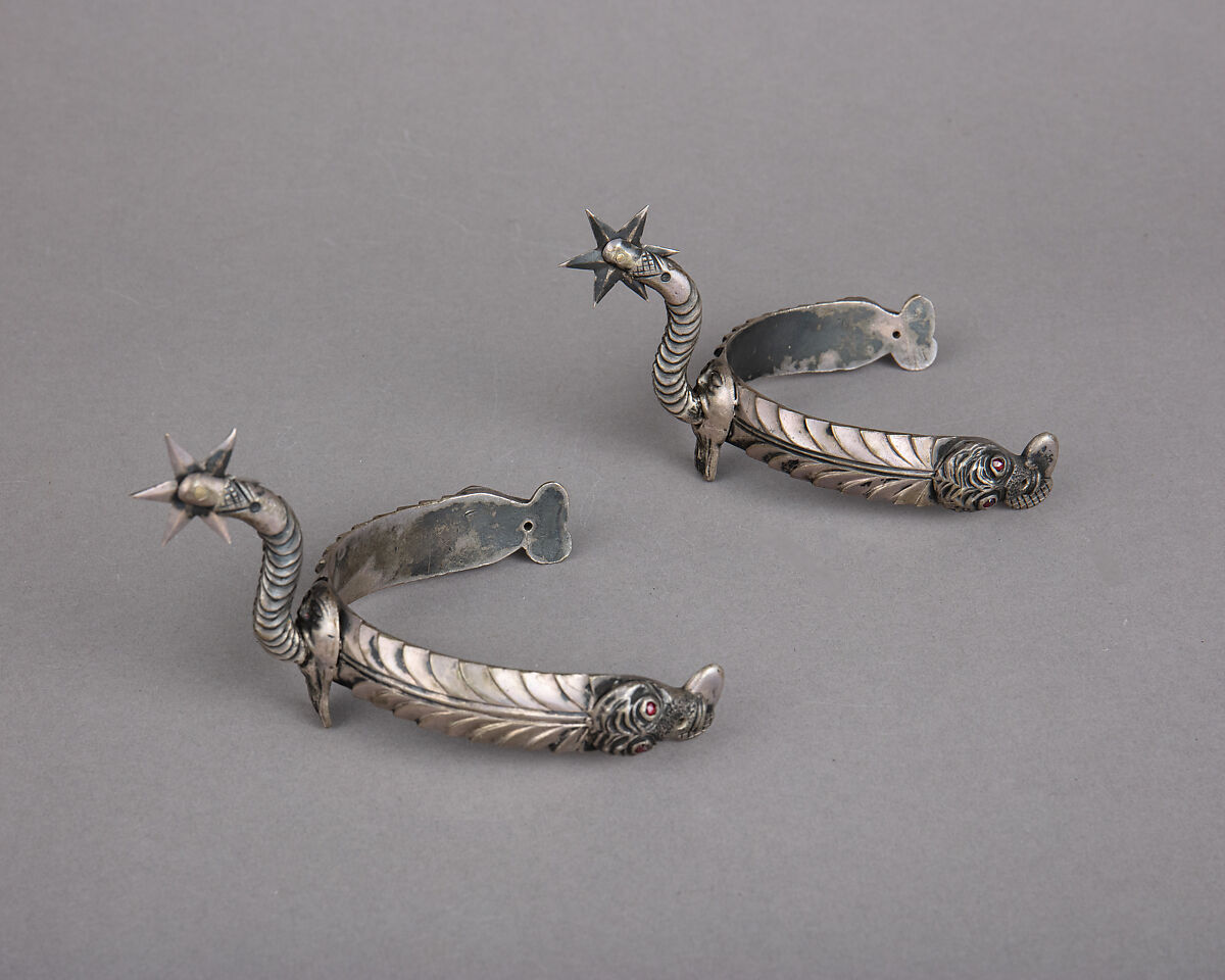 Pair of Rowel Spurs, Copper alloy, silver, glass, Danish 