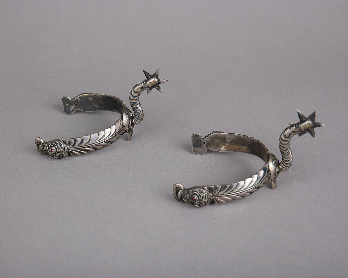 Pair of Rowel Spurs, Copper alloy, silver, glass, Danish