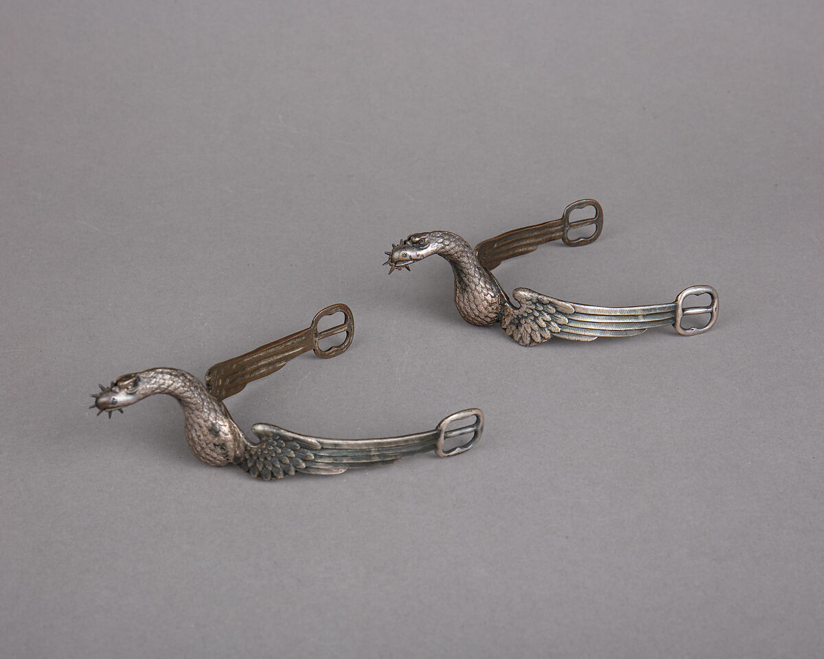 Pair of Rowel Spurs, Copper alloy, silver, iron, American 