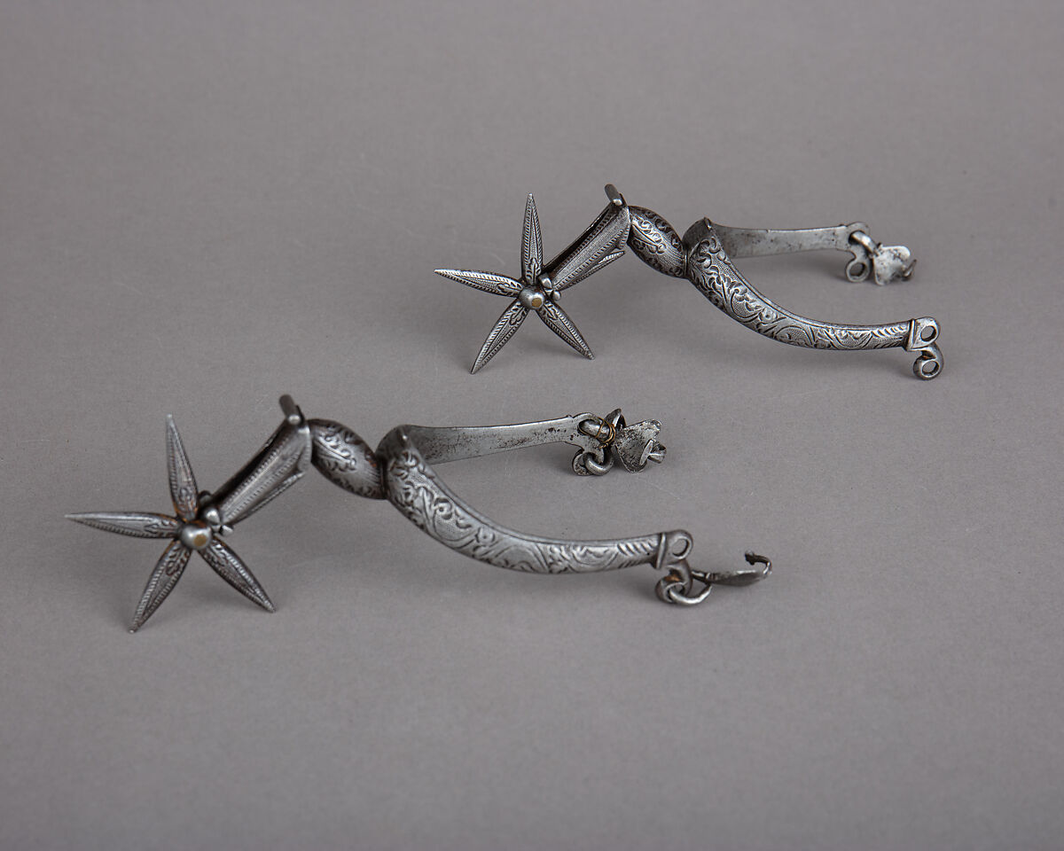 Pair of Rowel Spurs, Iron alloy, gold, German 