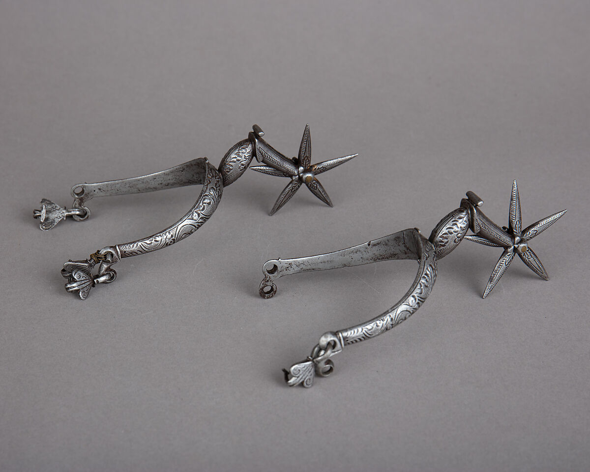 Pair of Rowel Spurs, Iron alloy, gold, German