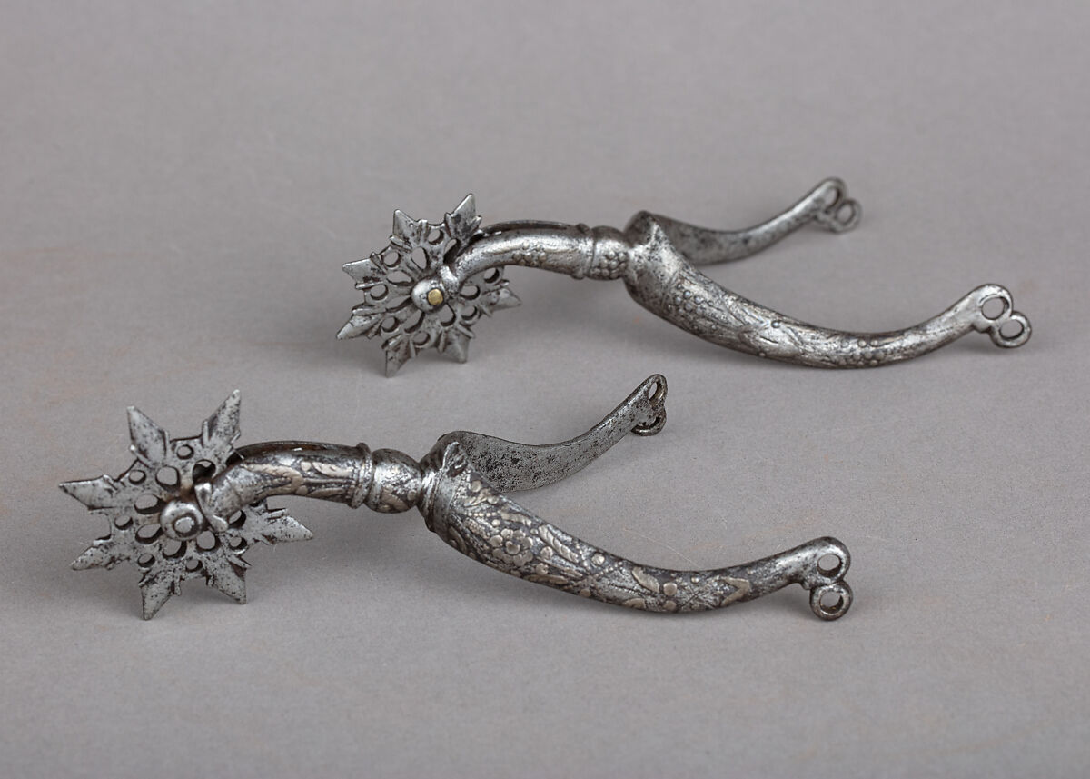 Two Rowel Spurs, Iron alloy, silver, copper alloy, German