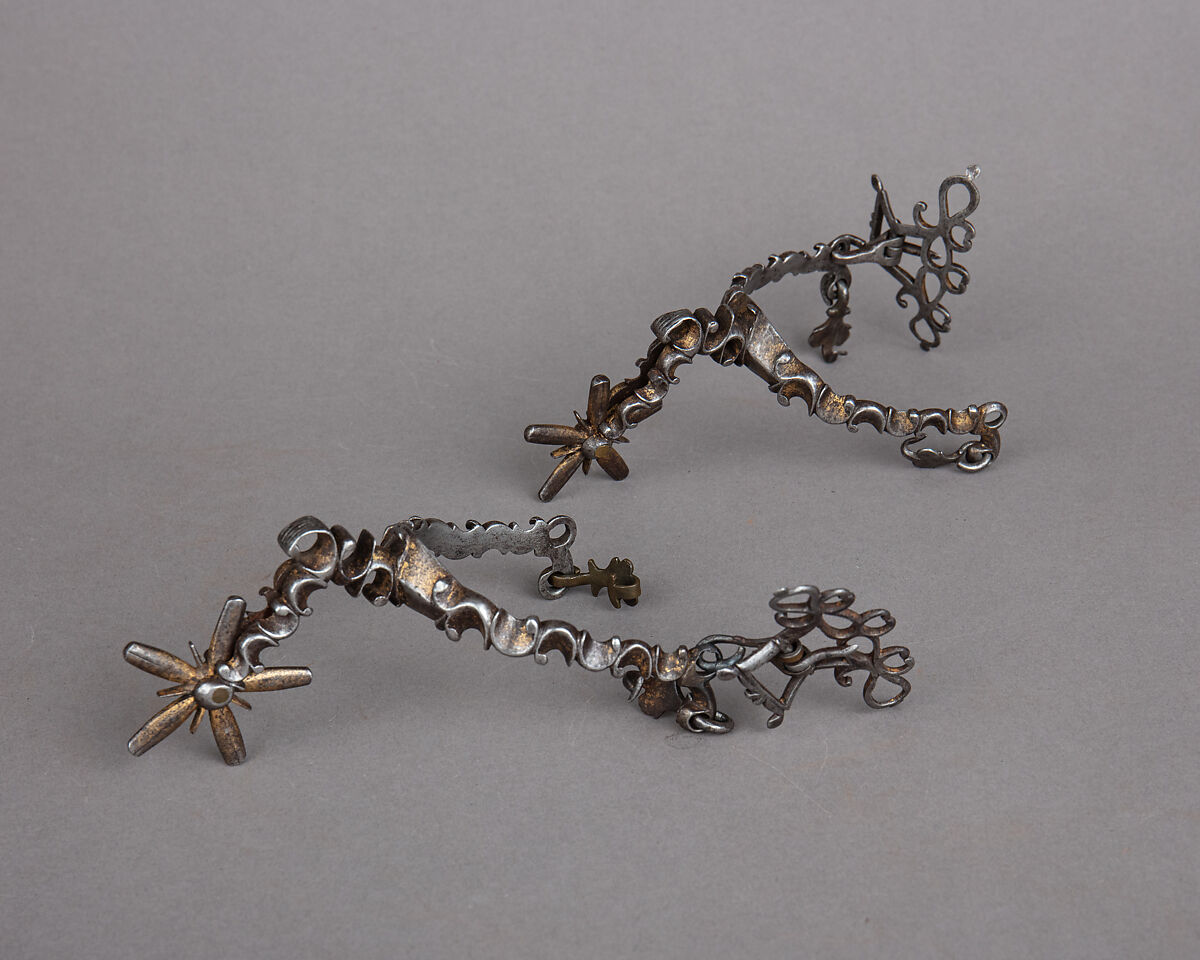 Pair of Rowel Spurs, Iron alloy, copper alloy, German or Netherlandish