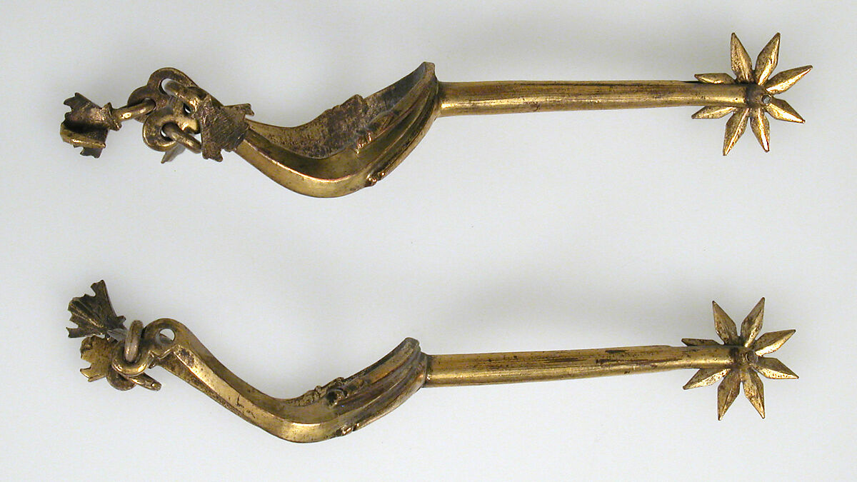 Pair of Rowel Spurs, Copper alloy, gold, German