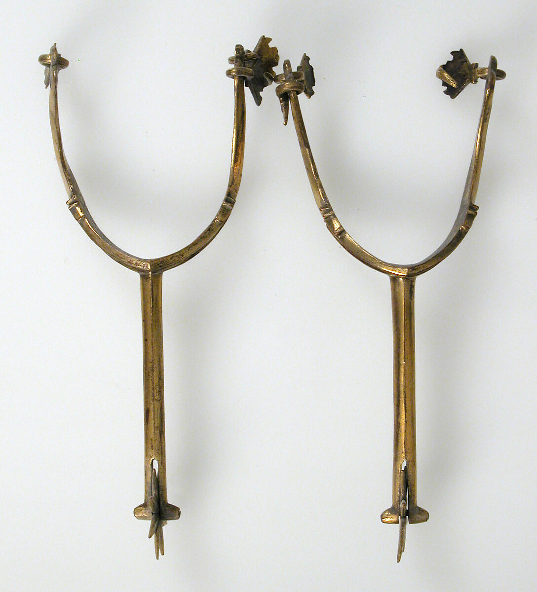 Pair of Rowel Spurs, Copper alloy, gold, German