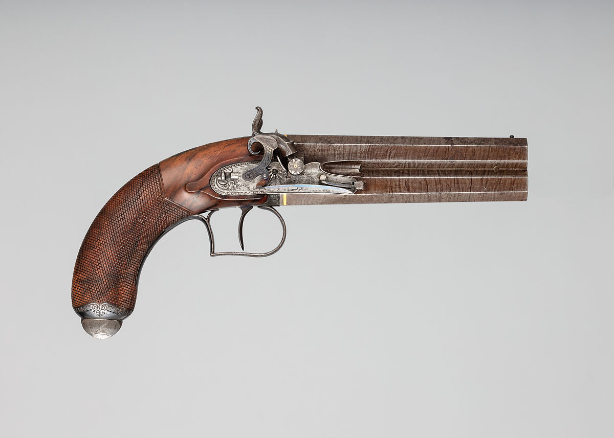 Over-and-Under Percussion Pistol bearing the Crest of the Polhill Family, Joseph Egg (British (born France), Huningue 1775–1837 London), Steel, wood (walnut), brass, gold, platinum, British, London 