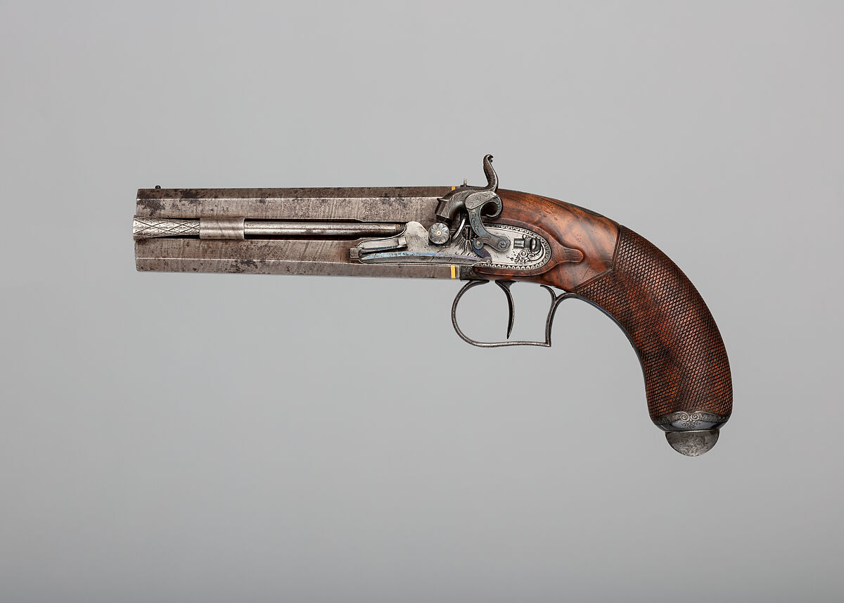 Over-and-Under Percussion Pistol bearing the Crest of the Polhill Family, Joseph Egg (British (born France), Huningue 1775–1837 London), Steel, wood (walnut), brass, gold, platinum, British, London