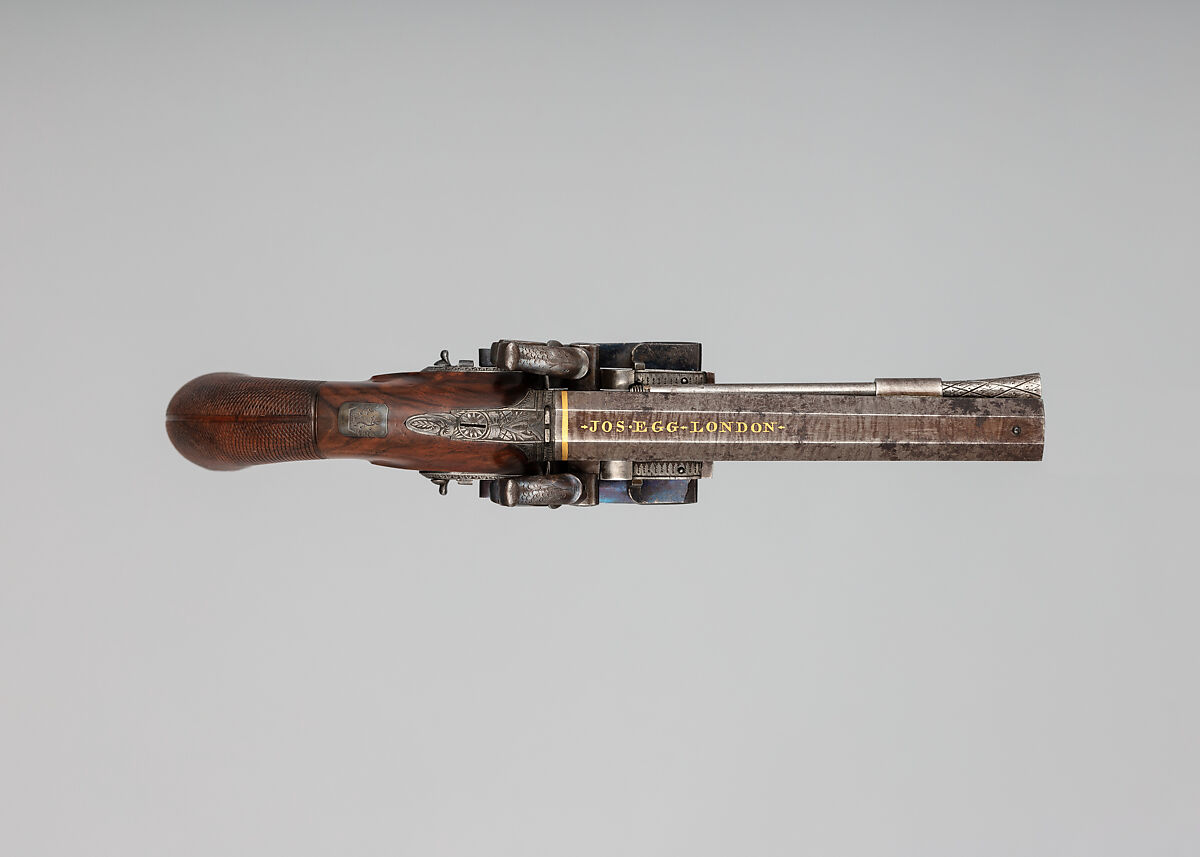 Over-and-Under Percussion Pistol bearing the Crest of the Polhill Family, Joseph Egg (British (born France), Huningue 1775–1837 London), Steel, wood (walnut), brass, gold, platinum, British, London