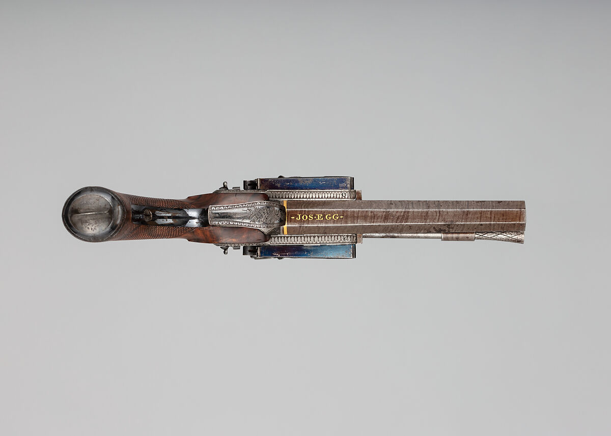 Over-and-Under Percussion Pistol bearing the Crest of the Polhill Family, Joseph Egg (British (born France), Huningue 1775–1837 London), Steel, wood (walnut), brass, gold, platinum, British, London