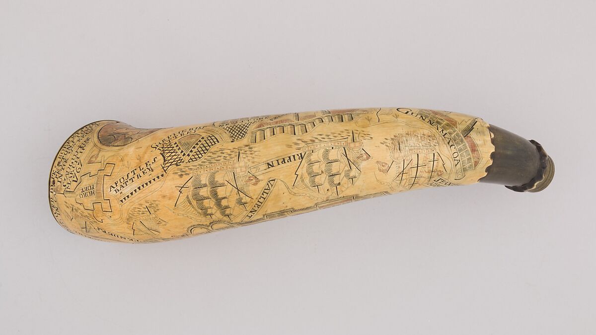 Powder Horn, Peter Robertson (British, 18th century), Horn (cow), iron alloy, copper alloy, Colonial American, St. Augustine, Florida