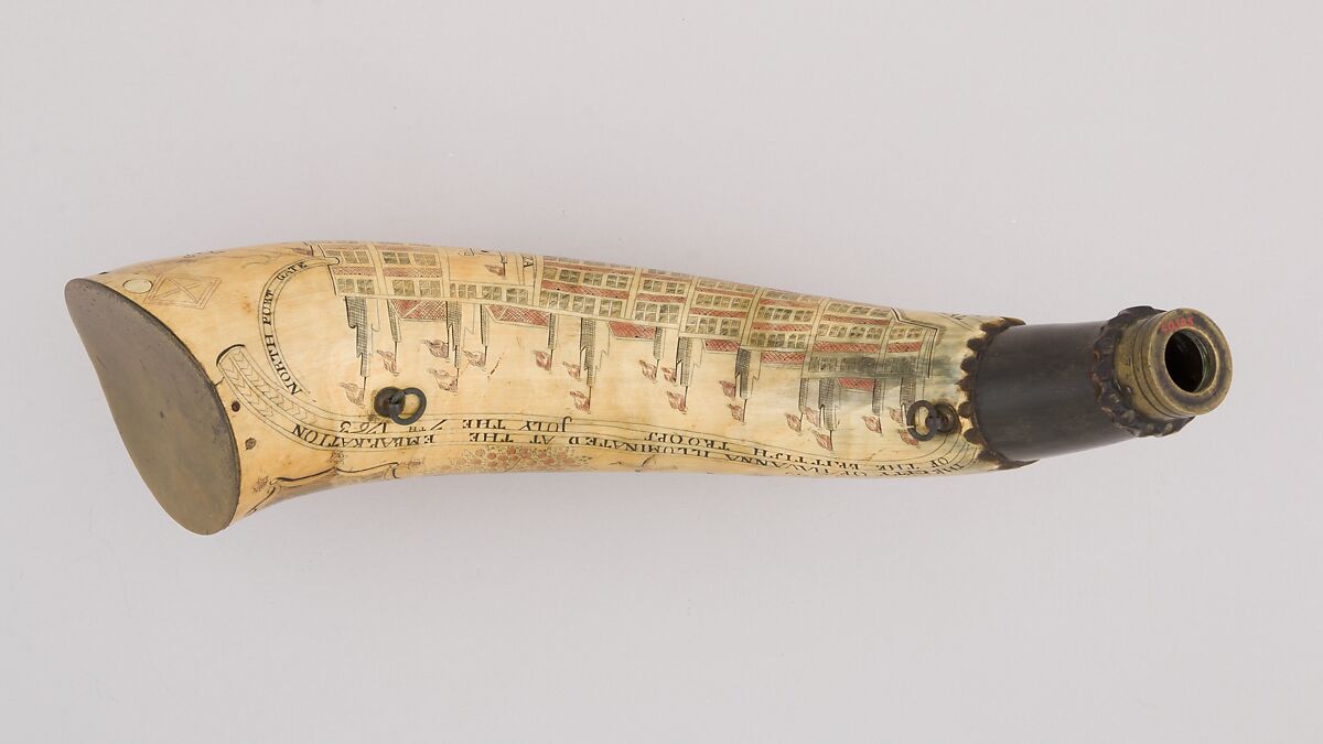 Powder Horn, Peter Robertson (British, 18th century), Horn (cow), iron alloy, copper alloy, Colonial American, St. Augustine, Florida