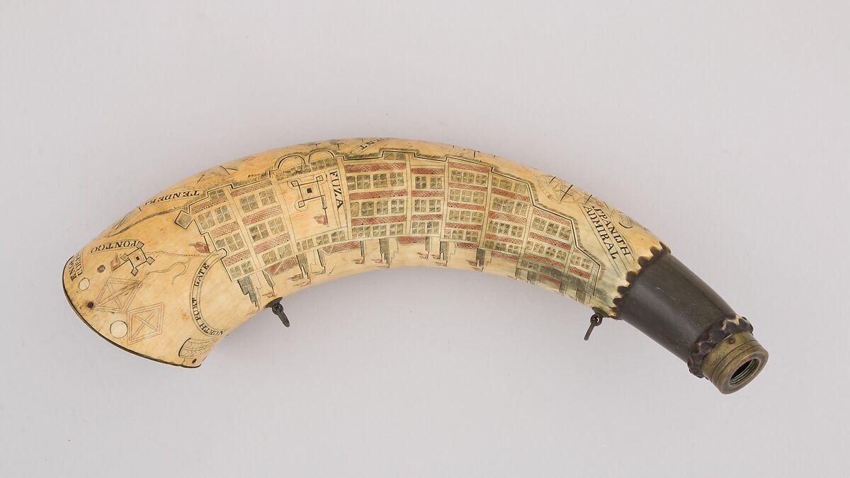 Powder Horn, Peter Robertson (British, 18th century), Horn (cow), iron alloy, copper alloy, Colonial American, St. Augustine, Florida