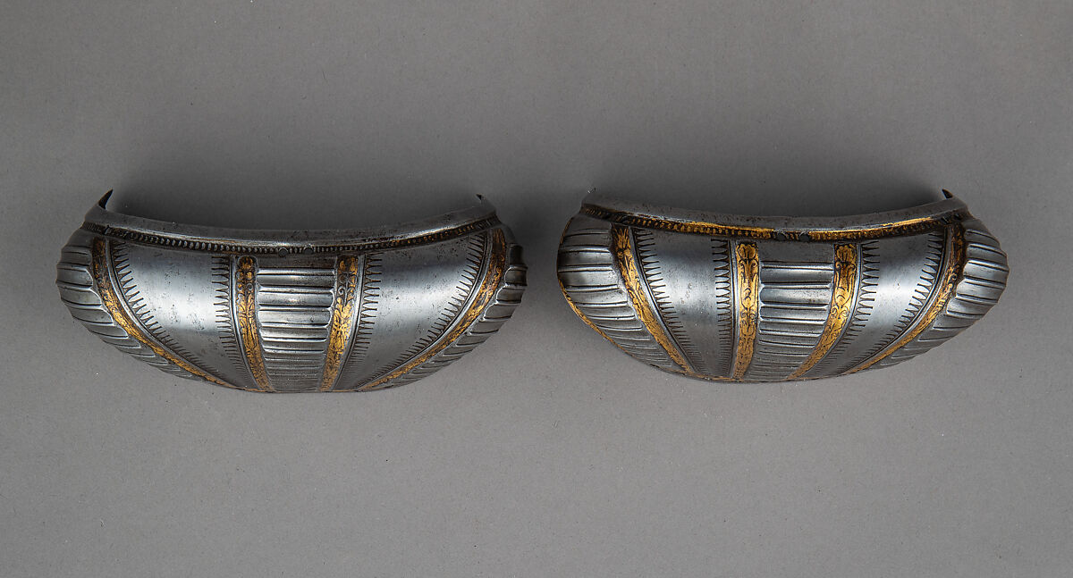 Toe Caps for a Pair of Foot Defenses (Sabatons), Steel, gold, German