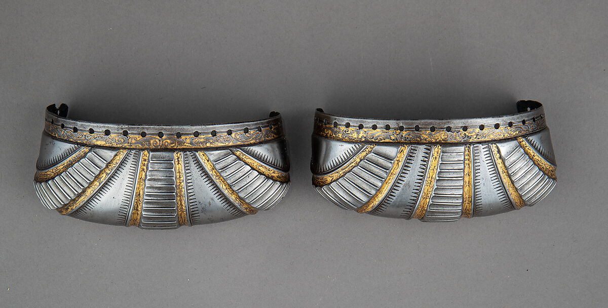 Toe Caps for a Pair of Foot Defenses (Sabatons), Steel, gold, German